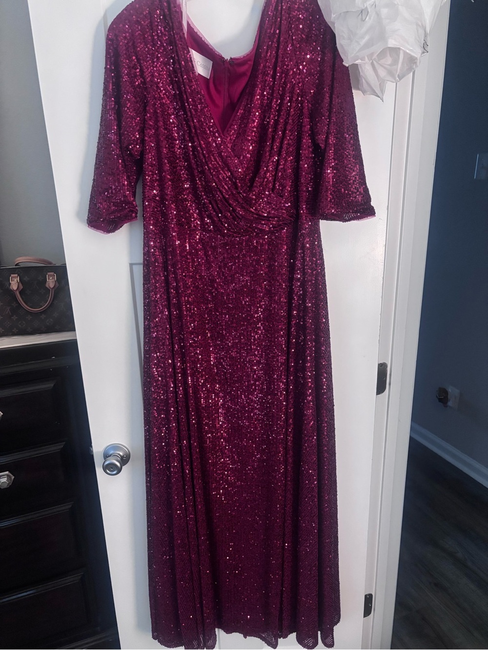 Oleg Cassini Wine Sequin Wrap-Style Maxi Dress